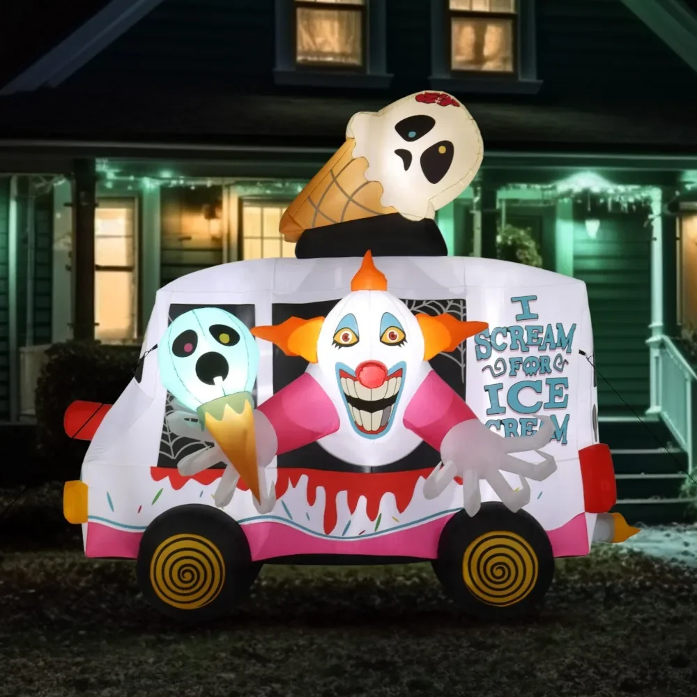 

8ft clown ice cream truck external fan 9 LED lights string pocket inflatable Halloween decoration