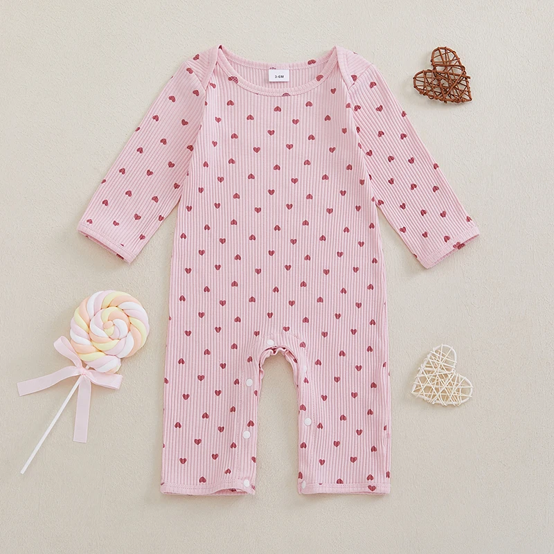 

Newborn Baby Girl Rompers Clothes Long Sleeve Crew Neck Heart Print Casual Fall Overalls Jumpsuits Playsuit Outfits
