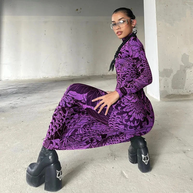 Maxivestido de malla con estampado Vintage para mujer, vestido ajustado de manga larga a la moda con cuello levantado, traje de fiesta elegante, novedad de 2025