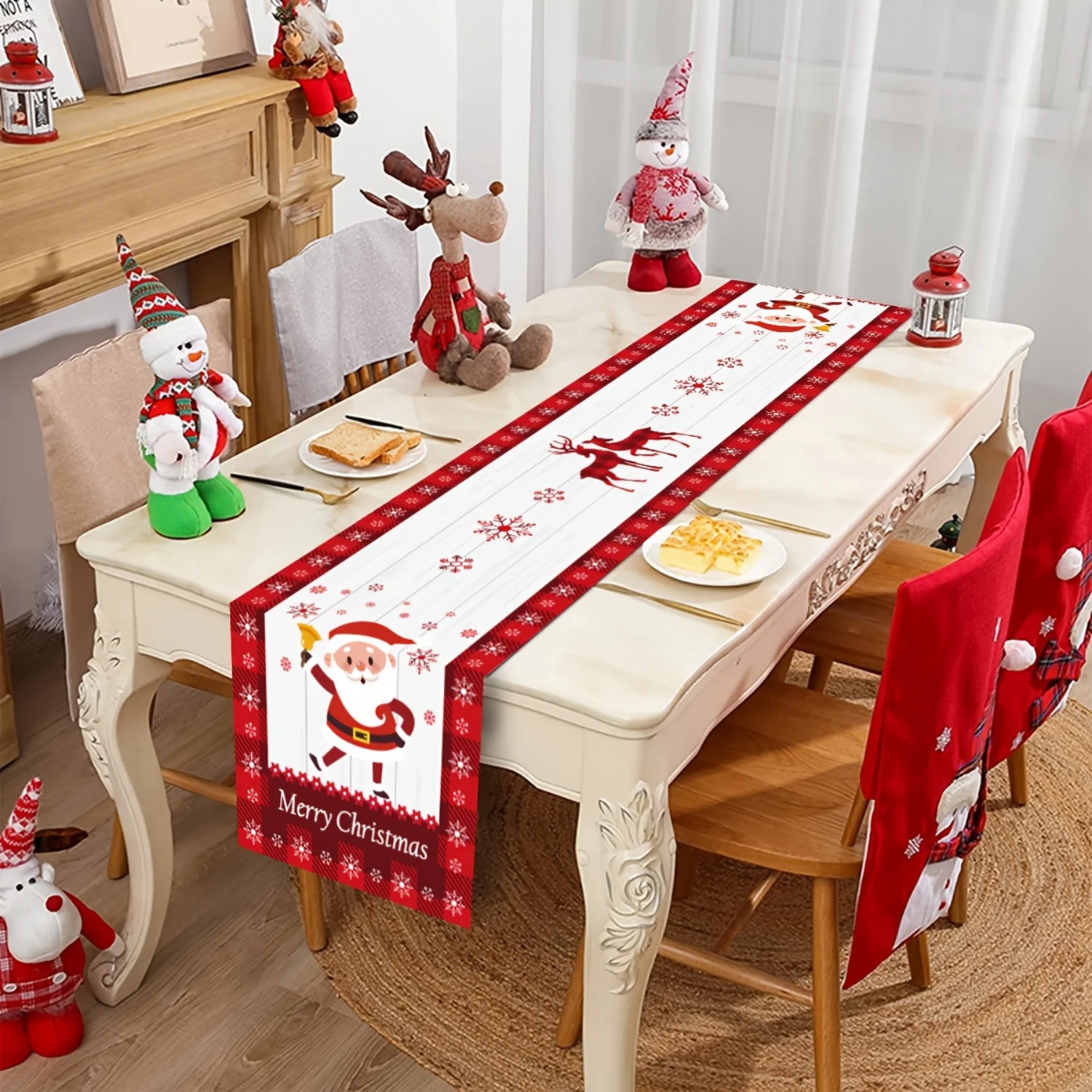 1pc Festive Christmas Table Runner -  Santa Claus & Reindeer Design with Snowflakes, Perfect for Christmas Celebrations