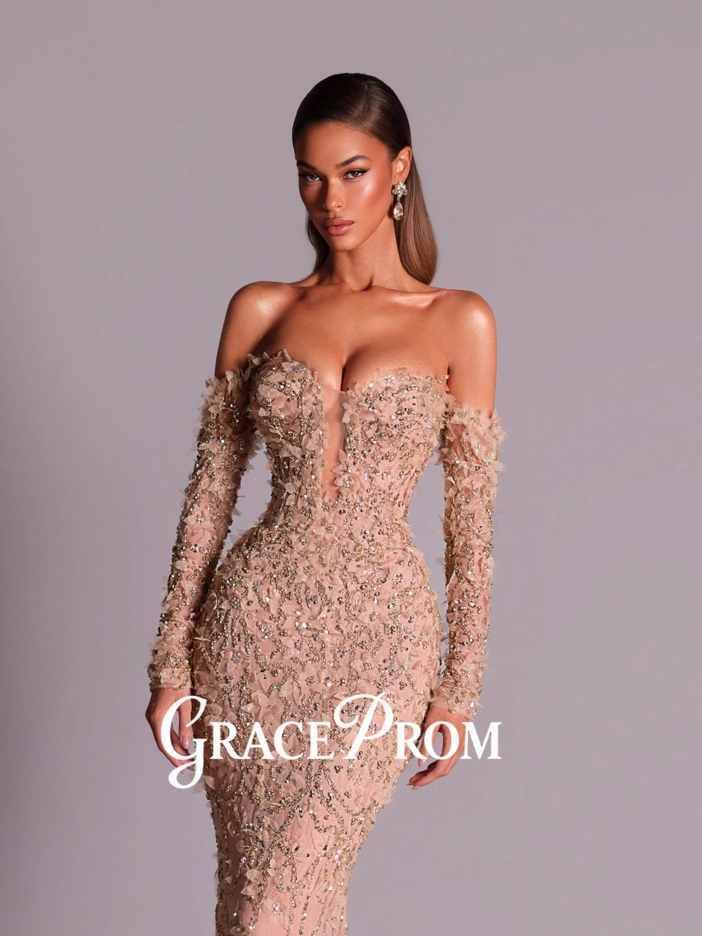 

Luxury Off-Shoulder Long Sleeve Beaded Lace Mermaid Evening Dress Elegant Slim Fit Floor-Length Prom Gown For Women Formal Party