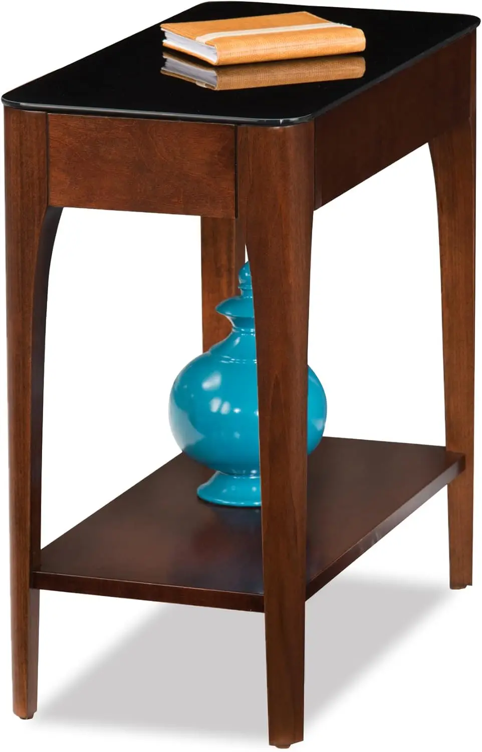 

11105 Obsidian Glass Top Narrow Side Table with Shelf, Chestnut and Black Glass