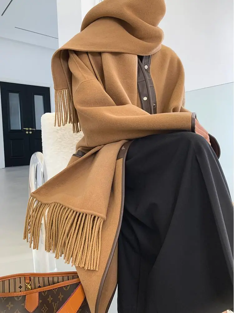 Sheepskin Edging Tassel Scarf Design Double-Sided Woolen Jackets 2023 Autumn/Winter Long Loose Women Wool Coats Outerwear