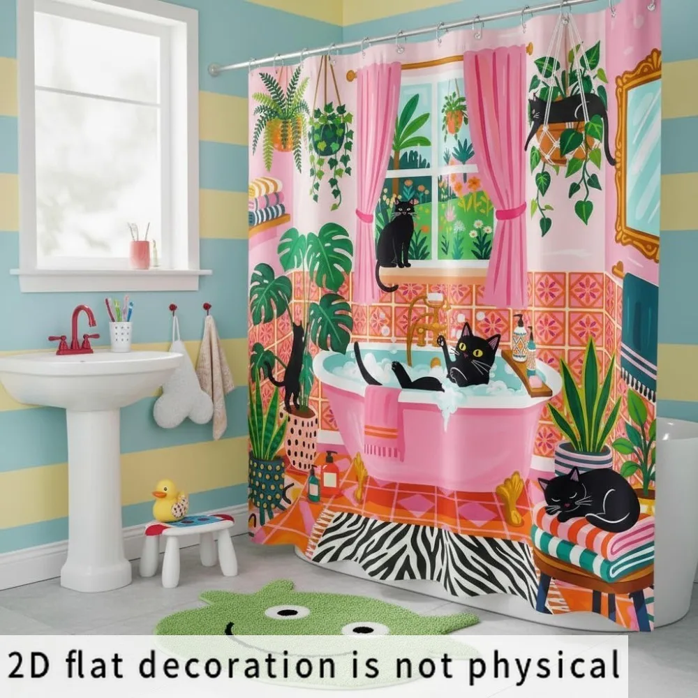 Whimsical Cat and Plant Pattern Shower Curtain Waterproof Bathroom Decor Liner Cute Tropical Kitty Shower Screen for Kids view 2