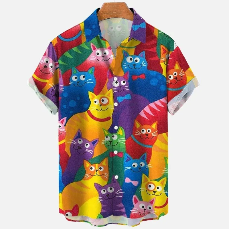 

Men's Hawaii Cat printed shirts Button Short Sleeve Streetwear Blouse Shirts Casual Summer Beach Turndown Polyester Shirt