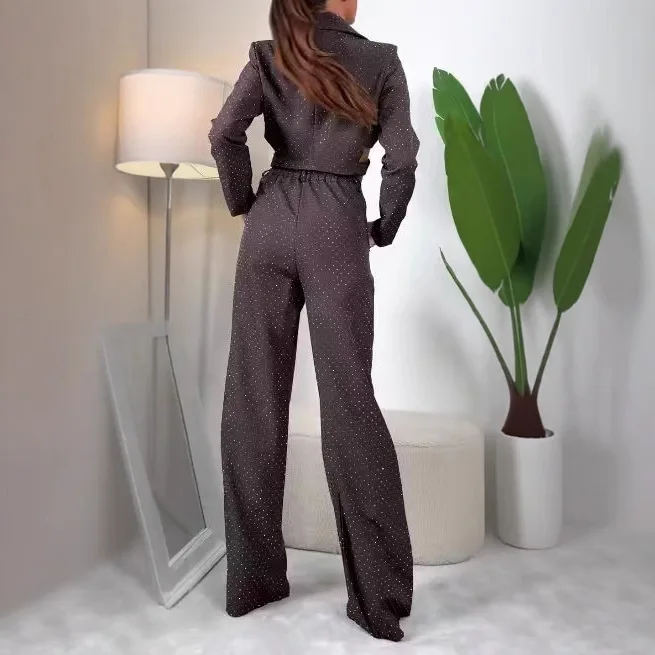 

Two Pieces Women Pant Set Solid Matching Set Cut Out Asymmetric Button Turn Down Collar Top Pocket Full Length Pants 2025 Autumn