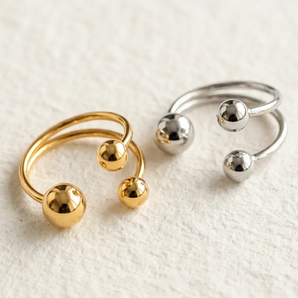Adjustable Triple Ball Wrap Stainless Steel Open Cuff Rings for Women Bold Layered Sphere Bead Finger Band Waterproof Jewelry
