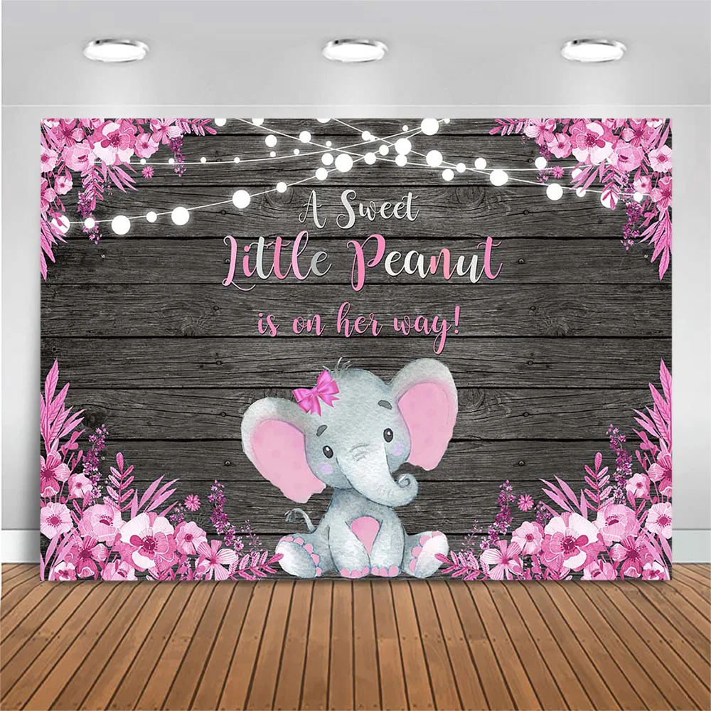 Mocsicka Baby Shower Backdrop Girl Pink Elephant  A Sweet Little Peanut is on Her Way Photo Background Wooden Board Studio Props