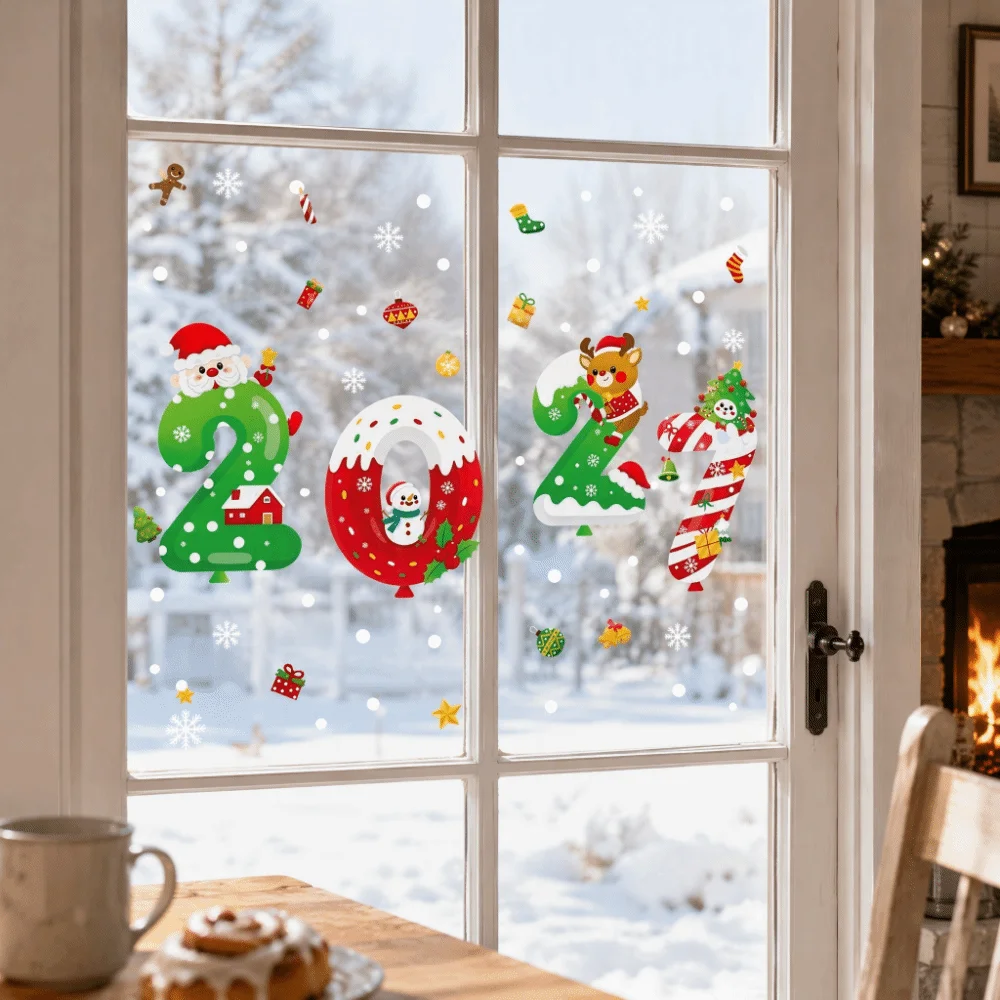 Waterproof 2027 Static Cling Decal Removable Static Exquisite Christmas Glass Window Sticker Decorative Stickers DIY
