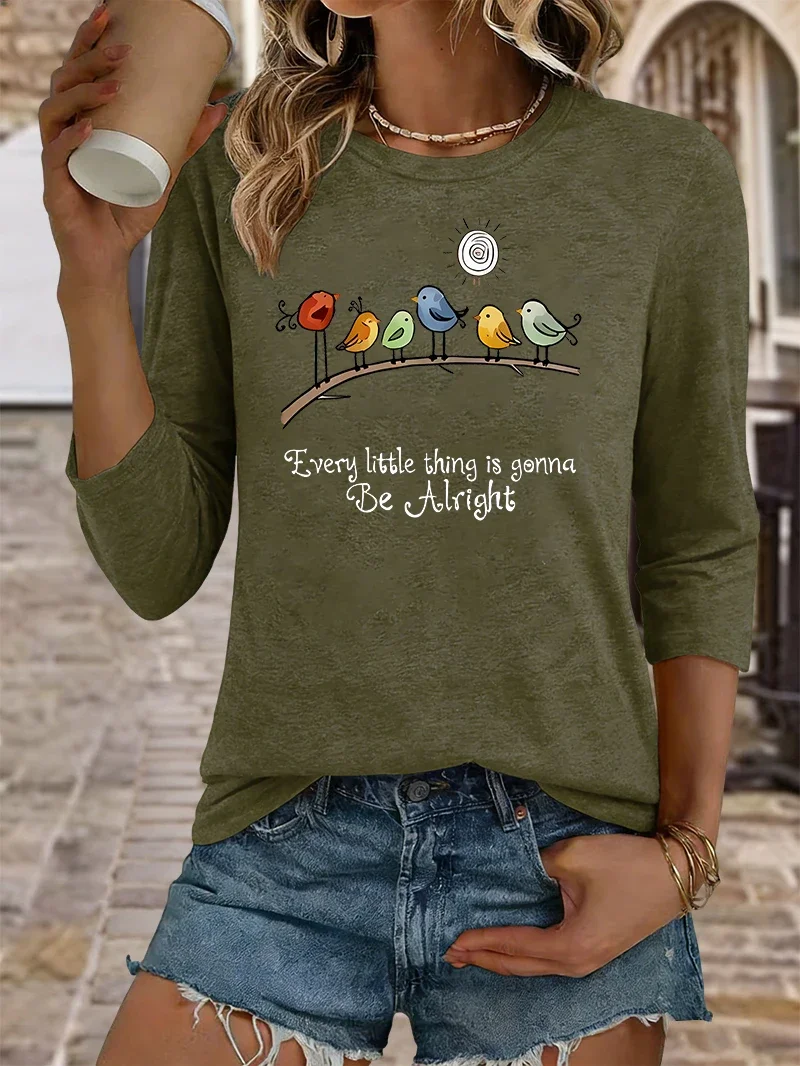 Sommer-T-Shirt mit Rundhalsausschnitt für Damen, inspirierender Aufdruck „Every Little Thing Is Gonna Be Alright“, lässiges T-Shirt für Damen – Detail 4