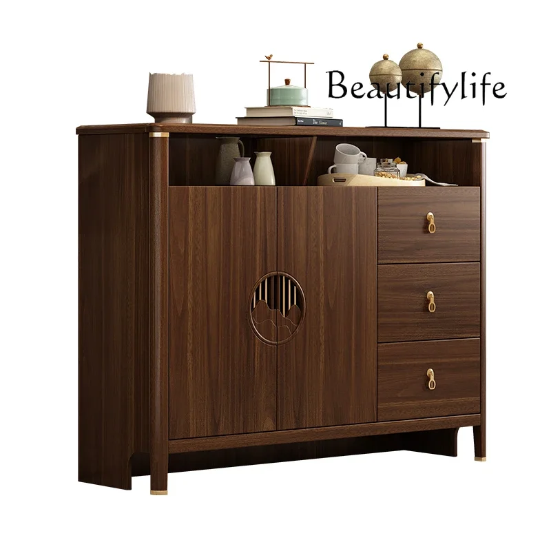 New Chinese Style Sideboard Cabinet Wine Cabinet Integrated Wall Solid Wood Frame Living Room Locker Tea Cabinet Storage