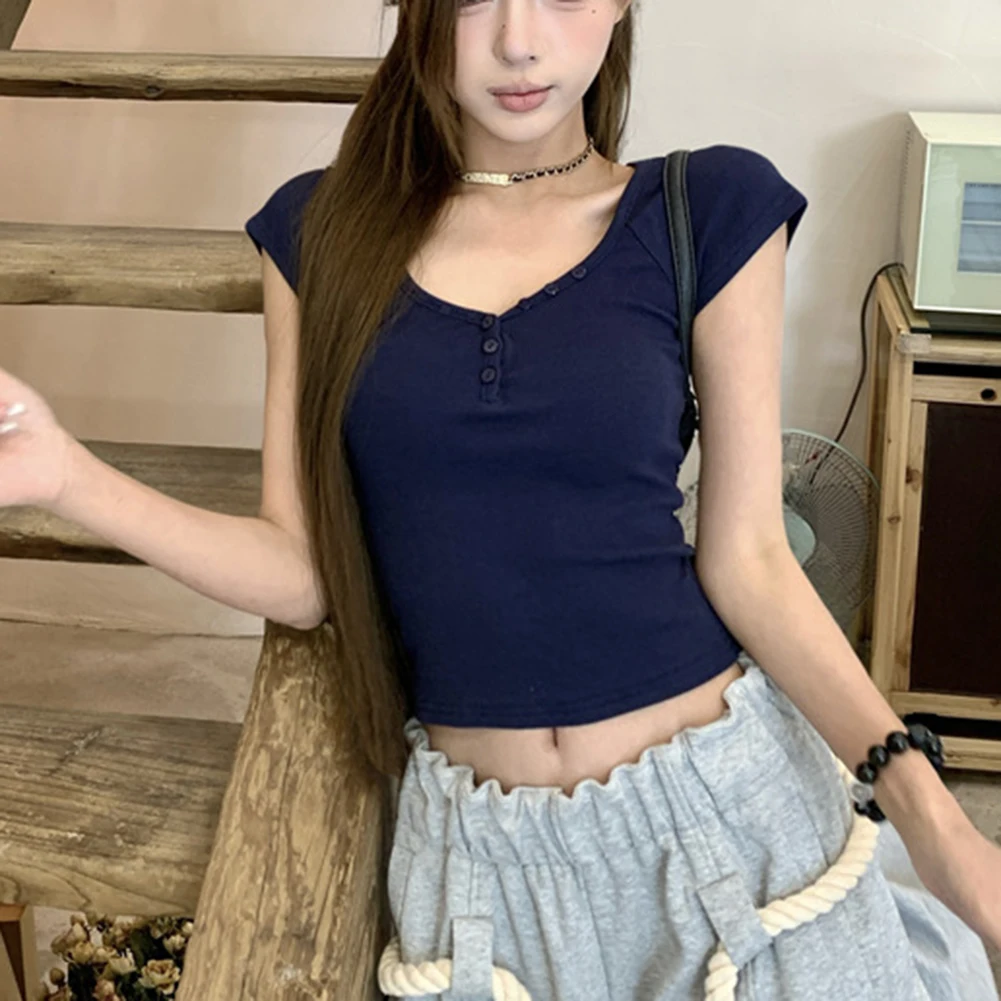 Breathable Womens Vneck Short Sleeve Buttondown T Shirt Casual Lightweight Top Suitable for Various Daily Activities
