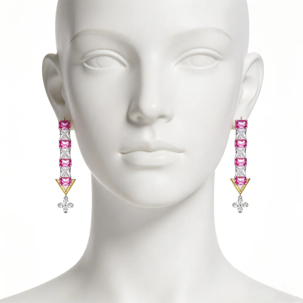 Vintage Fashion Style Stud Long Earrings Women Lady Inlay Cubic Zircon Square Red Corundum Tassels Eardrop Fine Jewelry
