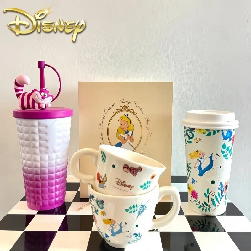 New Hot Original Disney Alice In Wonderland Cheshire Cat Thermo Mug Mug Top Sippy Cup Cute Cartoon Stainless Steel Sliding Cover