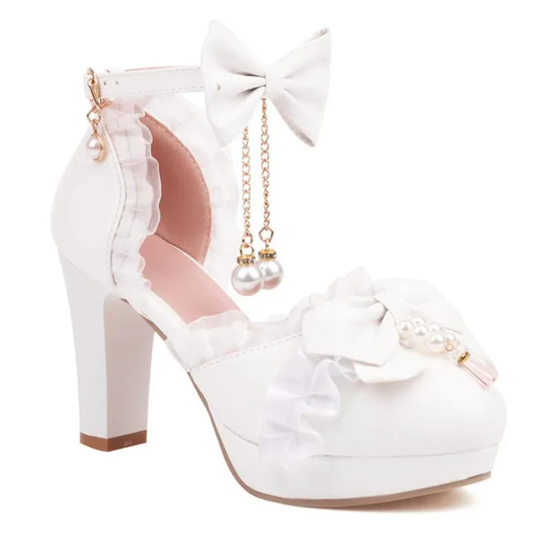 Girls High Heels Kids Princess Sandal Ladies Platform  Bow Lace Mary Jane Lolita Shoes Women Party High Heels  Women Pumps 30-43