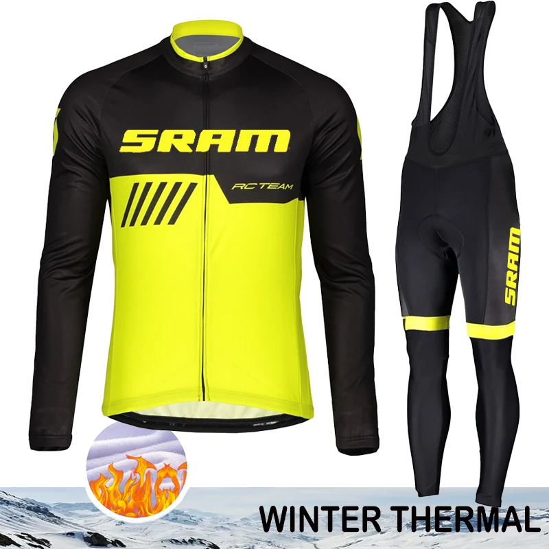 

SRAM Winter Cycling Clothing Thermal Fleece Jersey Man Maillot Set Bib Suit Road Bicycle Retro Men's Biking Clothes Pants Mens