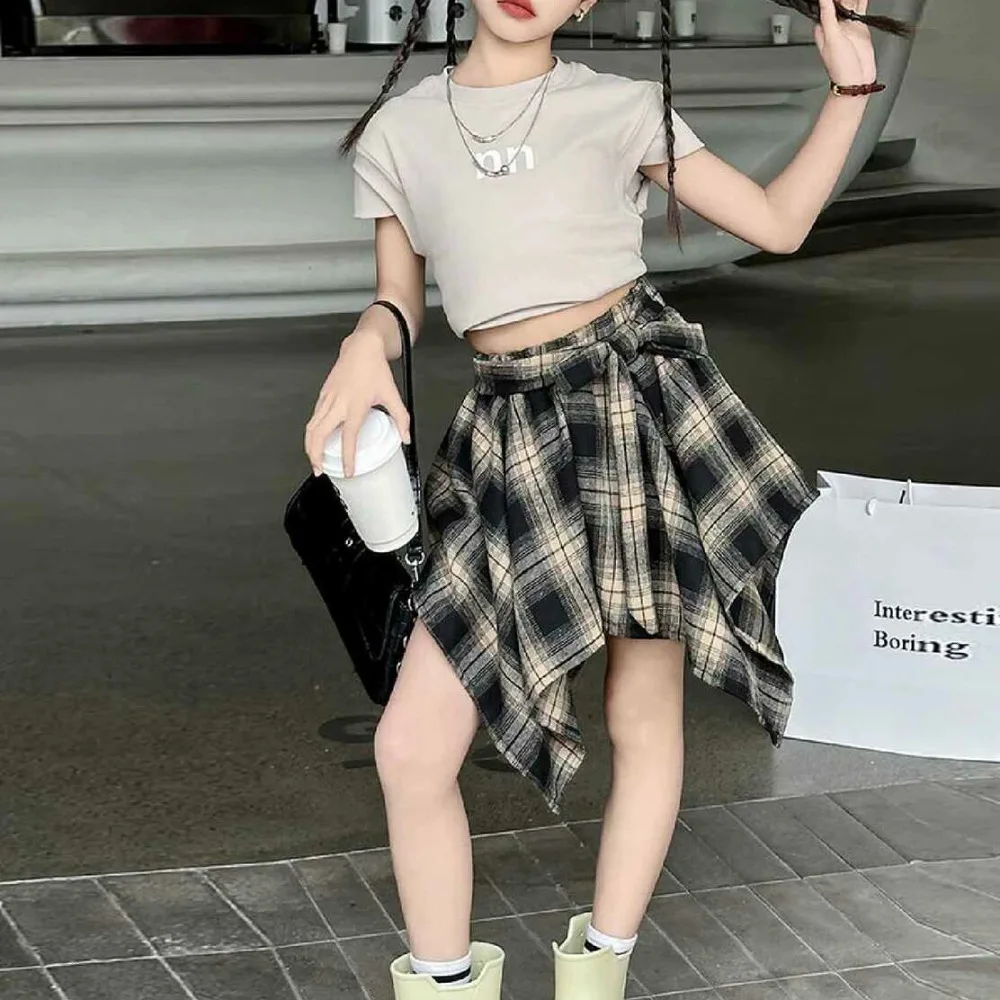 

Girls Skirts European Style 2024 Summer New Checked Lace Up Irregular Skirts Spicy Girl Cool Fashion Summer Children Skirt