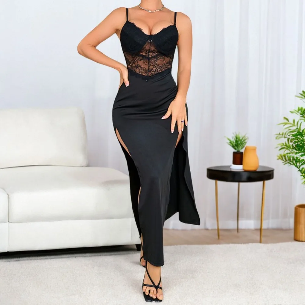 Mode Geborduurde Kant Stiksels Hoge Split Sexy Tas Heup Taille Temperament Jurk [met stalen ring en geen borstkussen]