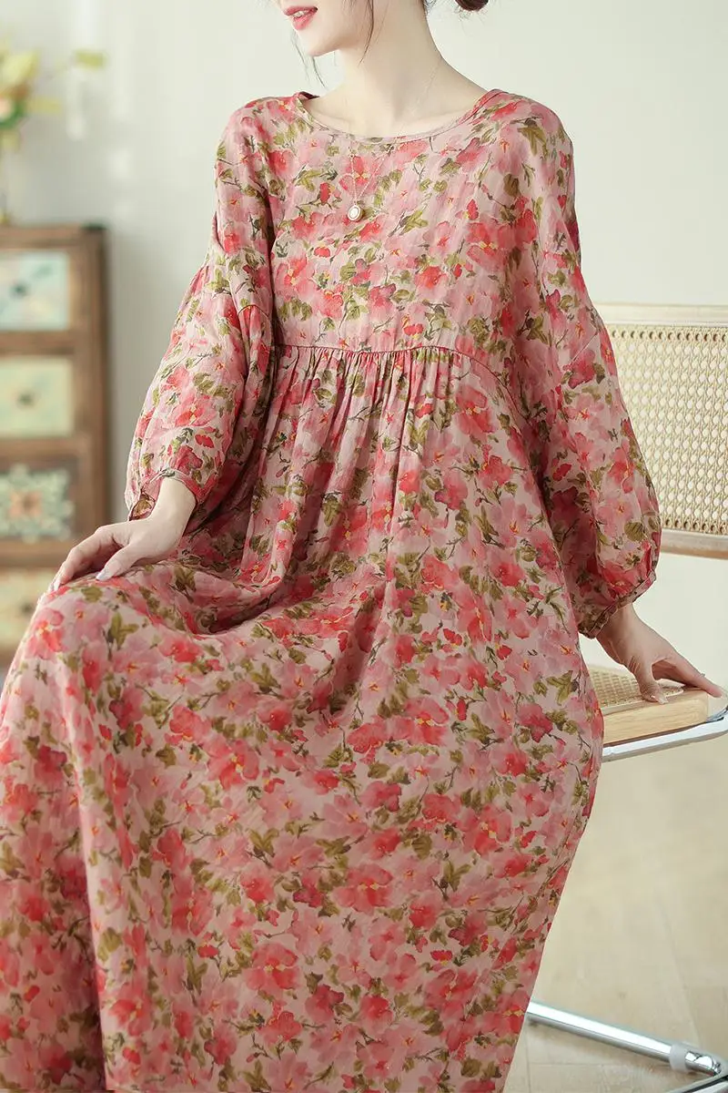 2024 Spring Summer Lantern Sleeve Printed Vintage Flower Dress Women Oversize Casual Seaside Vacation Long Dress X967