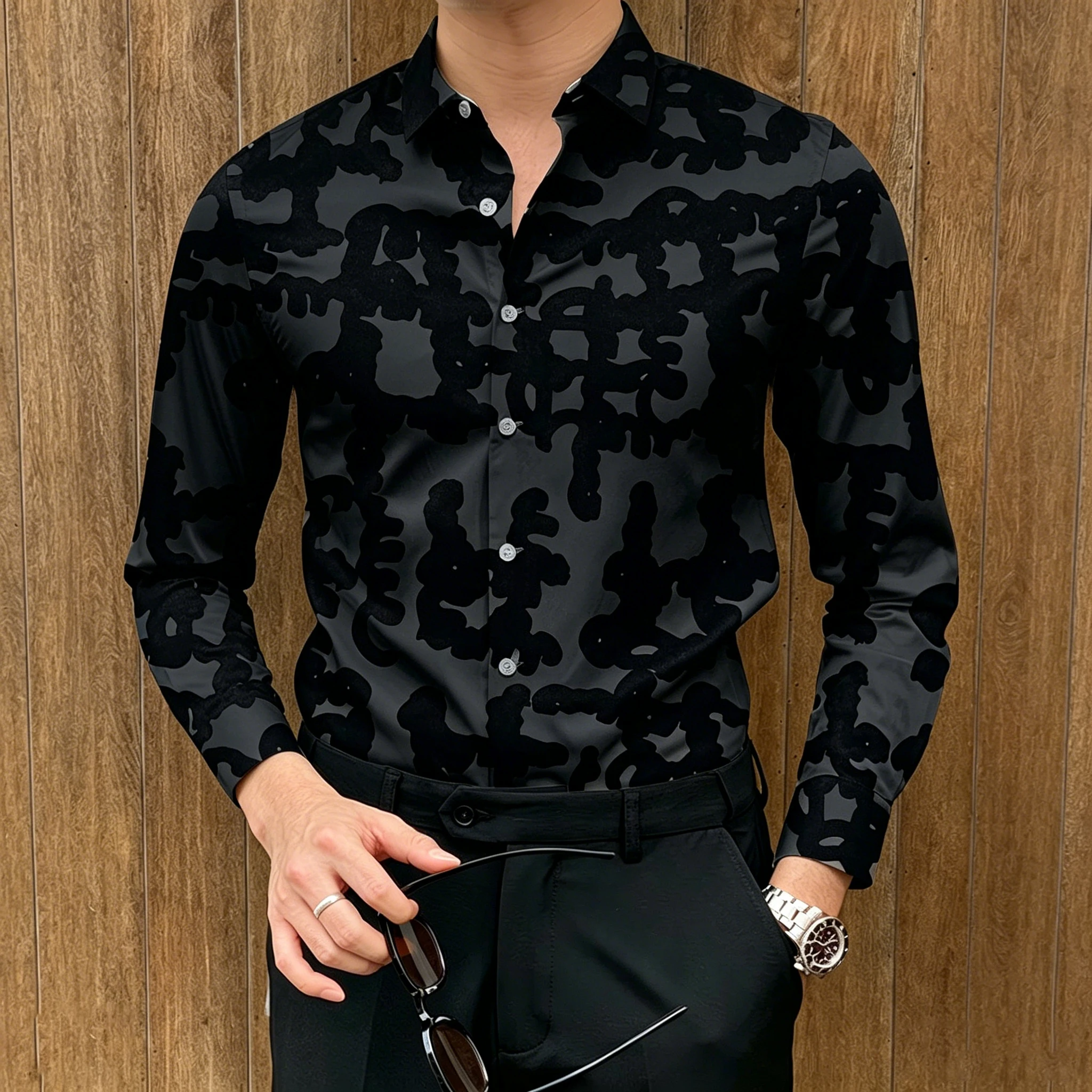 Men Long Sleeve Shirt Black White Abstract Graffiti Print Turn Down Collar Casual Button Daily Tops Men's Clothing