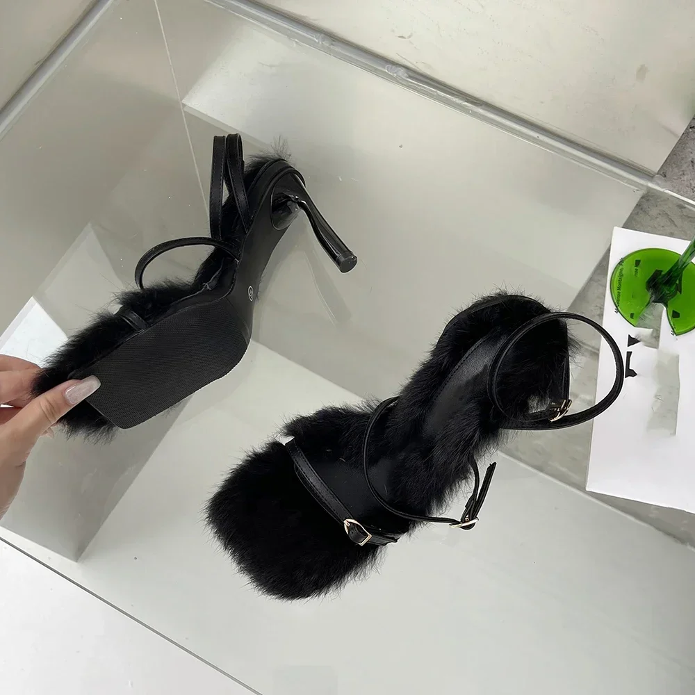 

Women's Open Toe Faux Fur Lined Multi Buckle Straps Ankle Wrap Stiletto Heel Sandals Sexy Party Club Footwear Drop Shipping