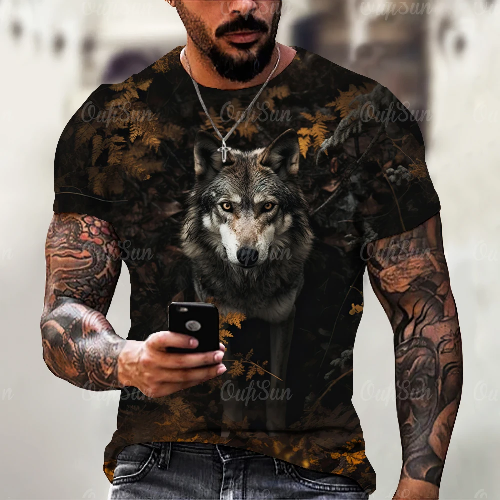 2024 Wolf T-Shirt For Mens Animal Print Short Sleeve Top Hunting T-Shirts Streetwear Oversized Tees Shirt Vintage Men's Clothing