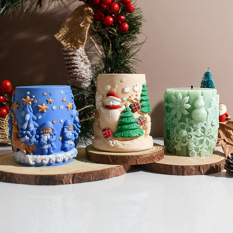 

Christmas Cylinder Silicone Candle Molds DIY Snowman Xmas Tree Kids Embossed Soap Candle Mold Ornament Plaster Resin Mold
