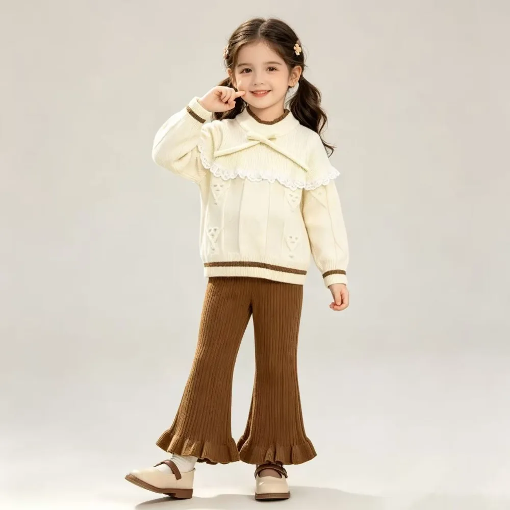 Bear Leader Korean Version Bow Knitted Sweater Girls' Clothing Autumn/Winter Long Sleeved Lace Splicing Color Blocked Top+Pants