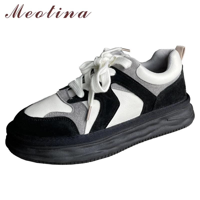 

Кроссовки Meotina женские из натуральной кожи, замша на плоской подошве, на шнуровке, круглый носок, повседневная весенняя обувь, черные