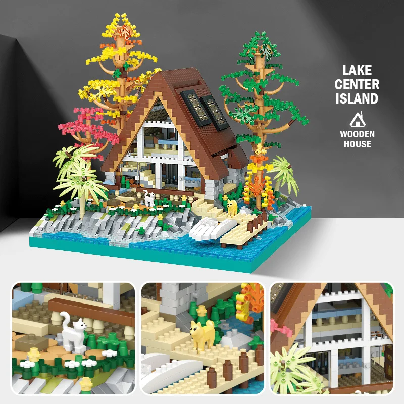 Lake Island Building Block Puzzle Toys para crianças, casa de madeira, micro partículas, Street View, montagem, construção, crianças