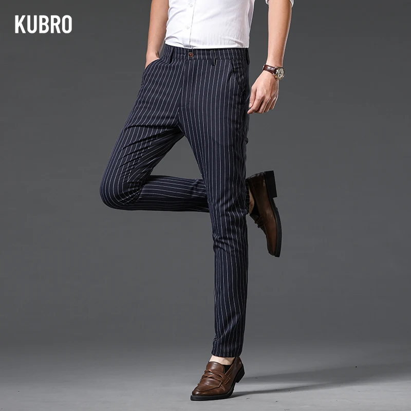 KUBRO-Calça reta masculina longa, calça elástica, marca clássica de negócios, listra inglesa, calça casual masculina de alta qualidade, nova moda