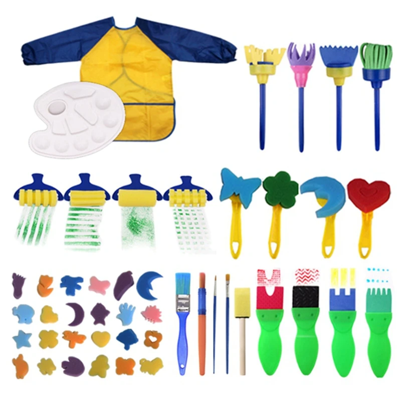 

47 Pcs Children Sponge Painting Brushes Set Paint Apron Toys Crafts Kits Toddler Painting Tools