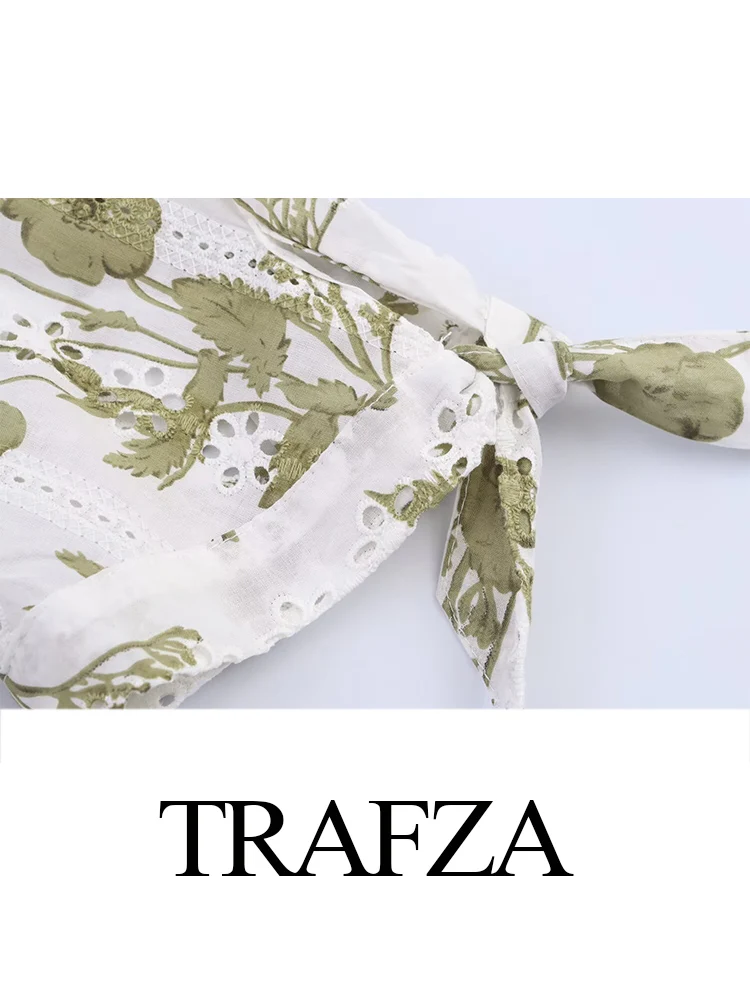 

TRAFZA Women Summer Fashion V-neck Hollow Embroidered Print Belt Short Sleeve Dress Female Sexy Elegant Beach Party Casual Dress
