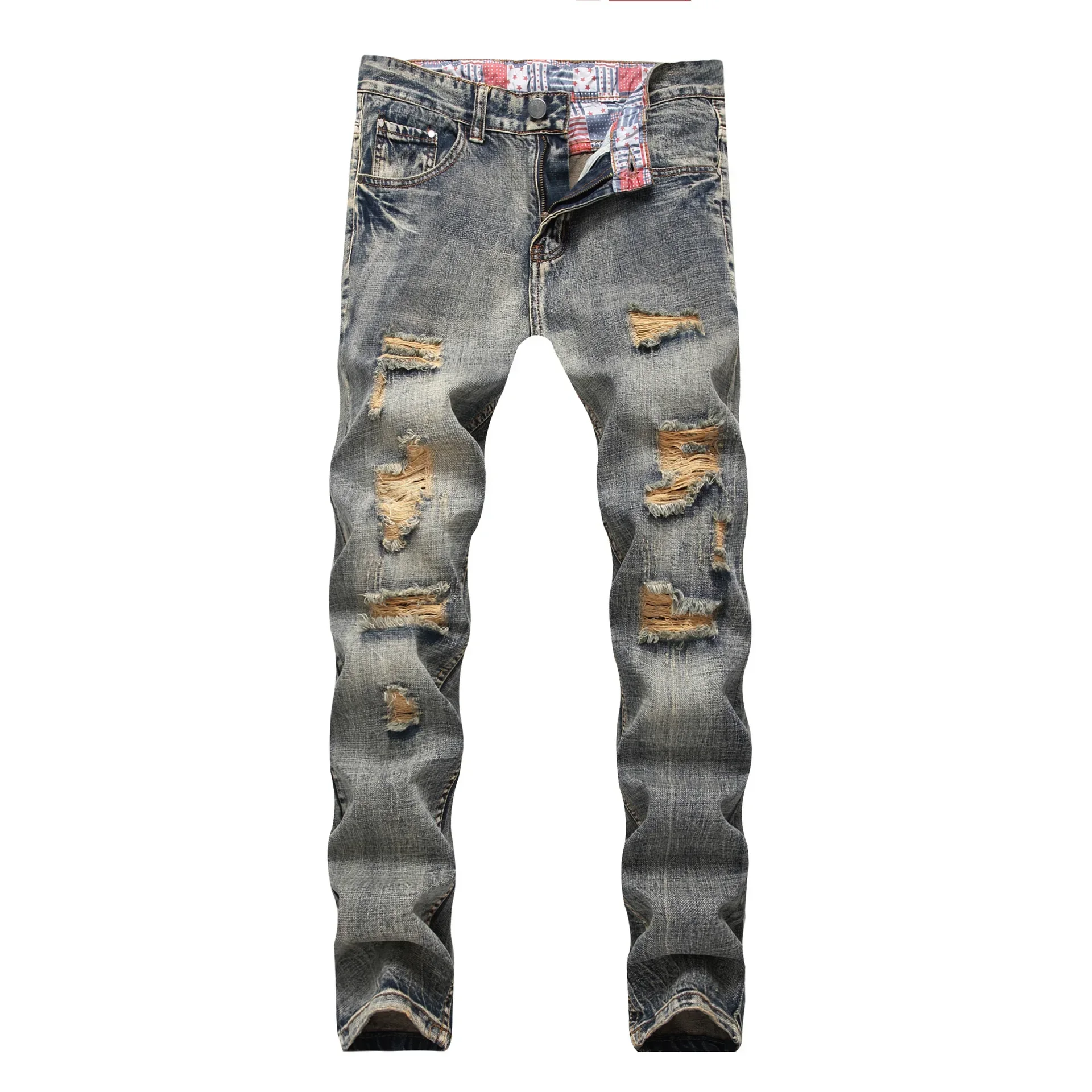 

Men's Washed Ripped Jeans Classic Straight Distressed Mid-Waist Denim Pants Autumn Male Casual Slim Fit Cotton Cowboys Trousers