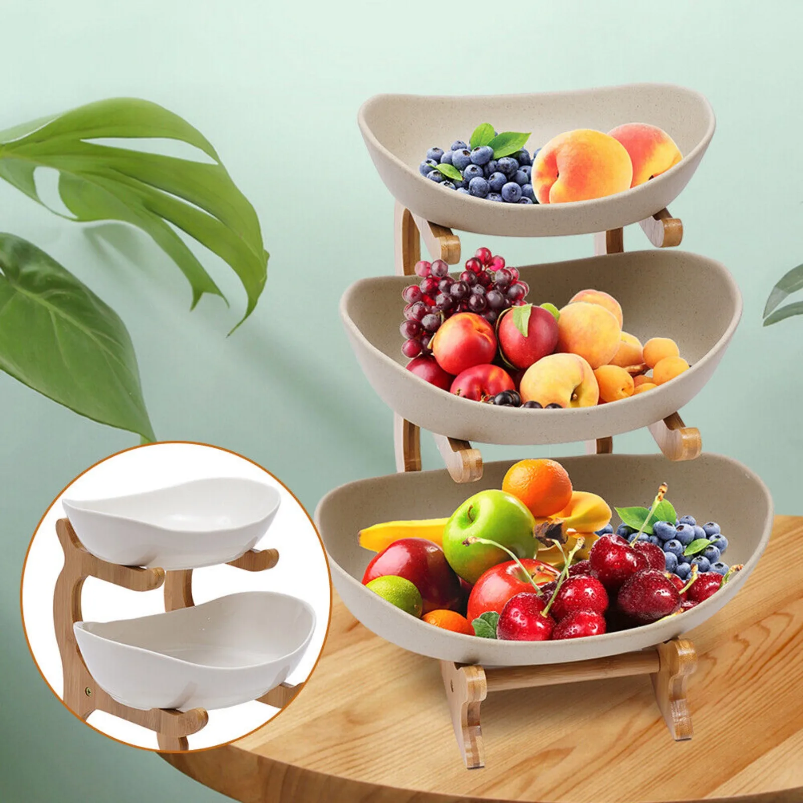 

US 3 Tiers Fruit Plate Fruit Storage Rack Porcelain + Bamboo Stand Serving Stand