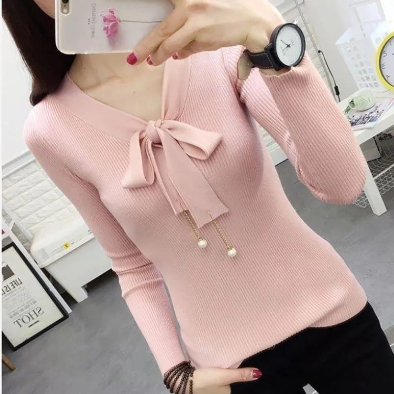 Fashion Solid Color Beading Lace Up Bow Blouses Women\'s Clothing 2023 Autumn Winter Knitted Elegant Tops Office Lady Shirts