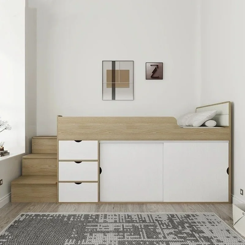 modern children's half-height bed single multi-functional storage solid wood storage bed small apartment wardrobe integrated