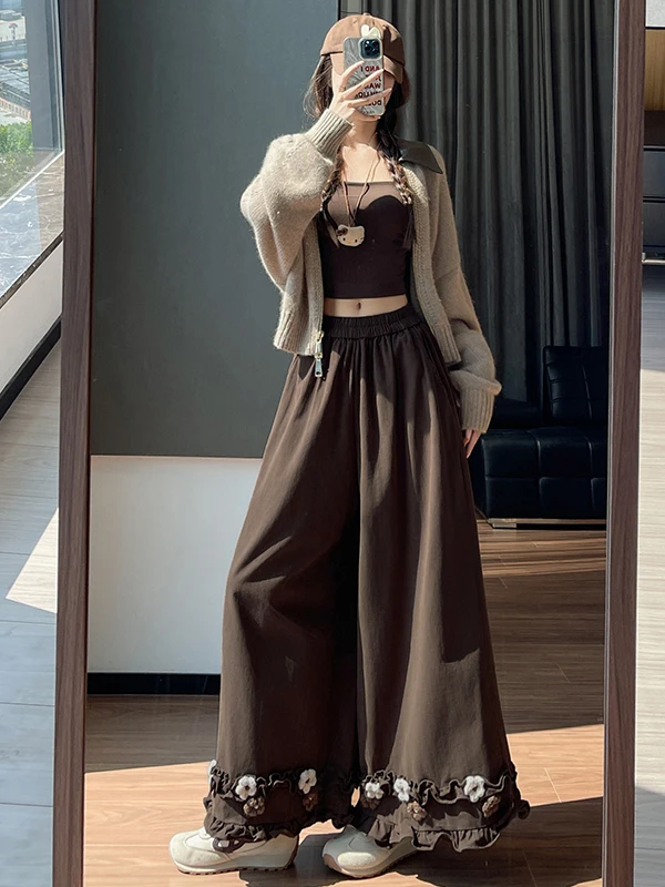 Eco-Friendly Woodland Design High Waist Wide Leg Pants Women's Autumn 2026 New Small Size Pants Floral 3D Embellished