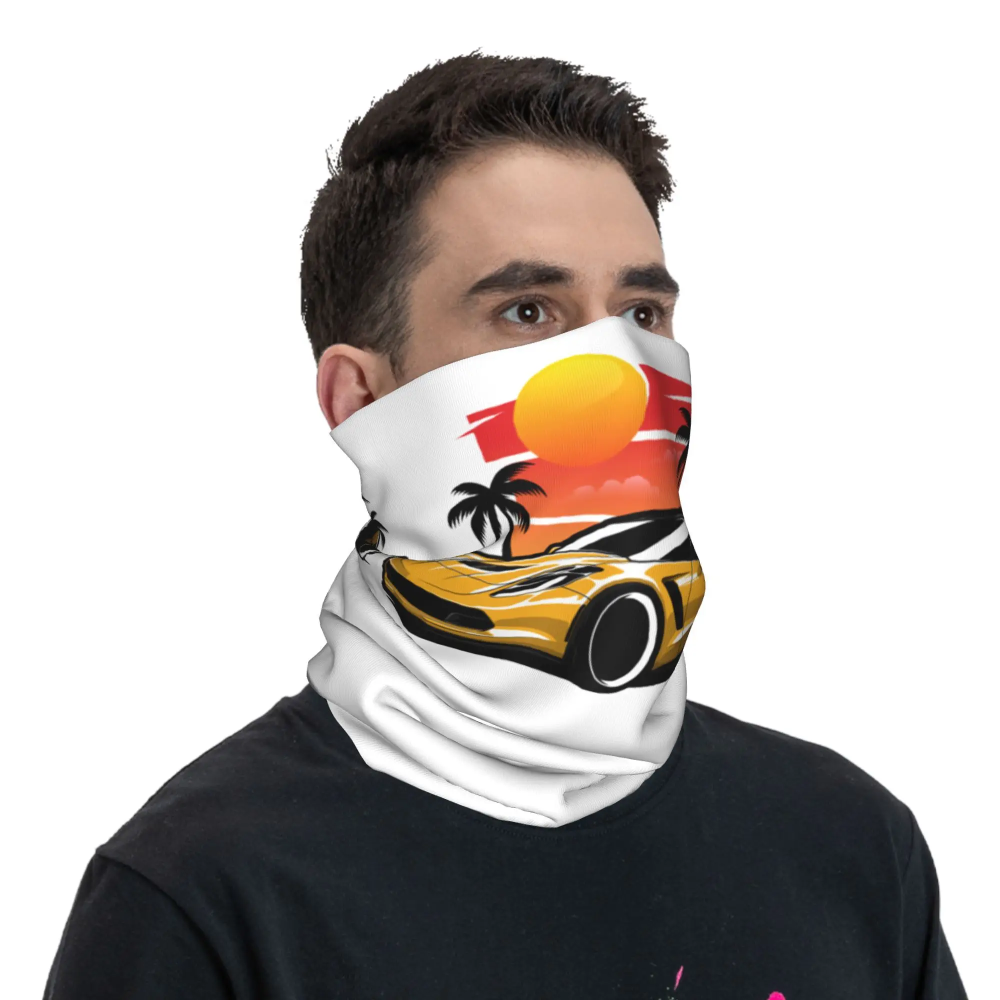 Gelb Corvette Z06 Sunset Palms Bandana Halsbedeckung Bedruckter magischer Schal Mehrzweck-Fahrradschal Radfahren für Männer Frauen Erwachsene