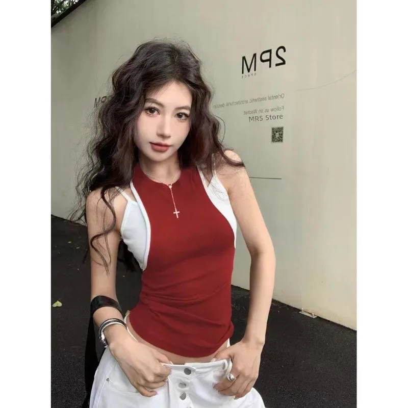 2024 New Pure Desire Style Fixed Cup Vest with Strap And Chest Pad Color Block Short Length Cover Side Breast Pure Color