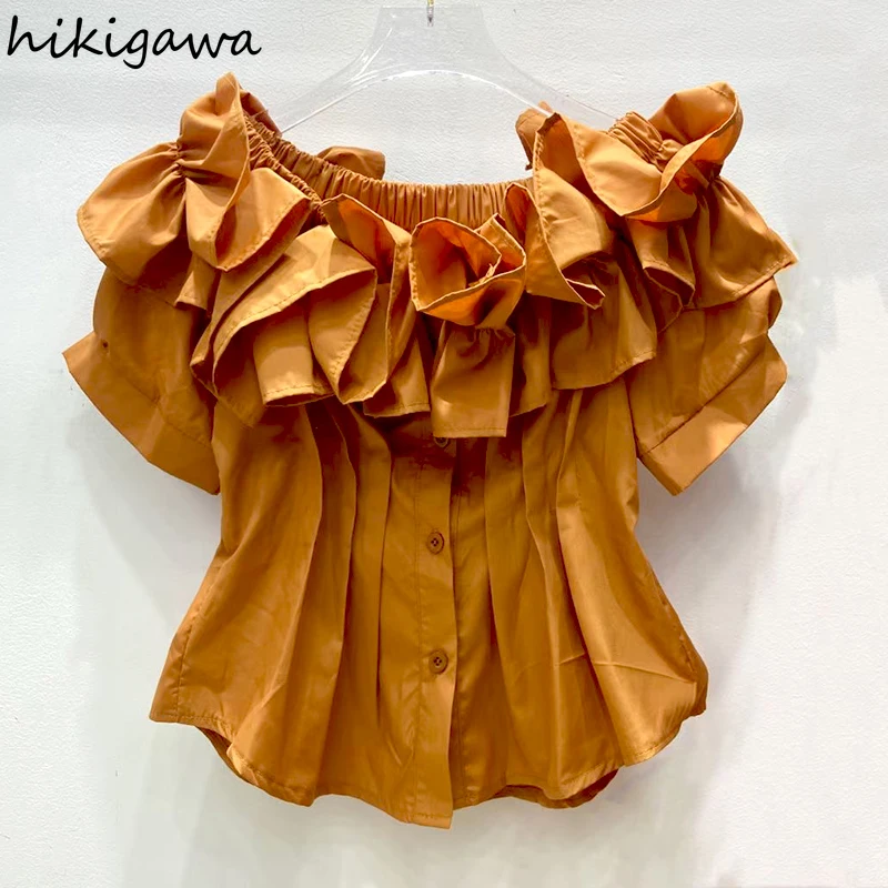 Sweet Crop Tops Fashion Korean Blouses for Women Slash Neck Puff Sleeve Tunic Shirts Ruffles Slim Waist Summer Camisas De Mujer