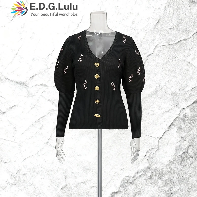 

EDGLuLu модный повседневный уличный черный вязаный топ 2025 новый дизайн с блестками в стиле пэчворк с длинными рукавами приталенный кардиган свитер 1103