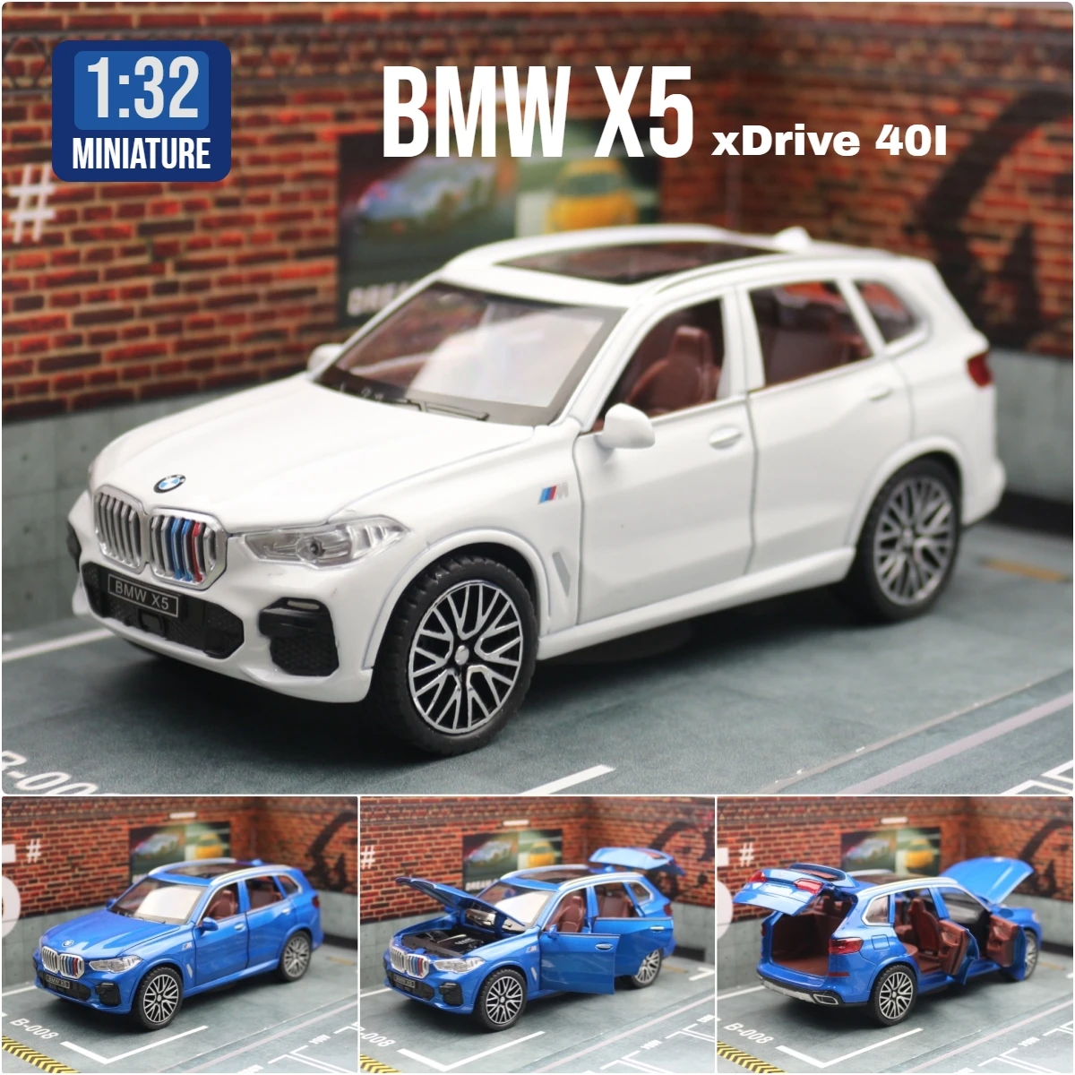 1/32 BMW X5 SUV Toy Car Model Diecast Metal Vehicle Miniature Sound & Light Pull Back Collection Gift for Children Boys Kid