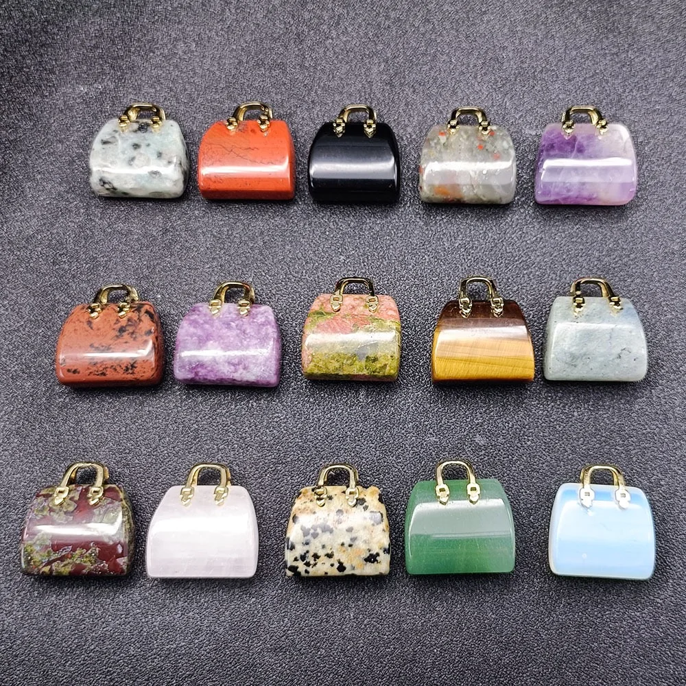 Crystal Mini Handbag Pendant for Women Necklace Bracelet Natural Stone Amethyst Tiger Eye Lapis Lazuli Powder Dongling Jade