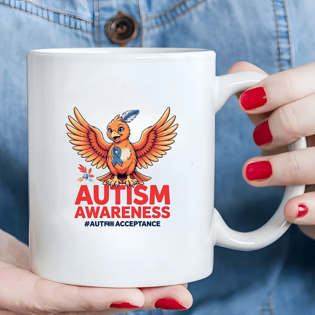 

11oz Coffee Cup + Cartoon Bird Design + Autism Awareness Ribbon + Kids Cold & Hot Drink Cup - Christmas Family Office Cup