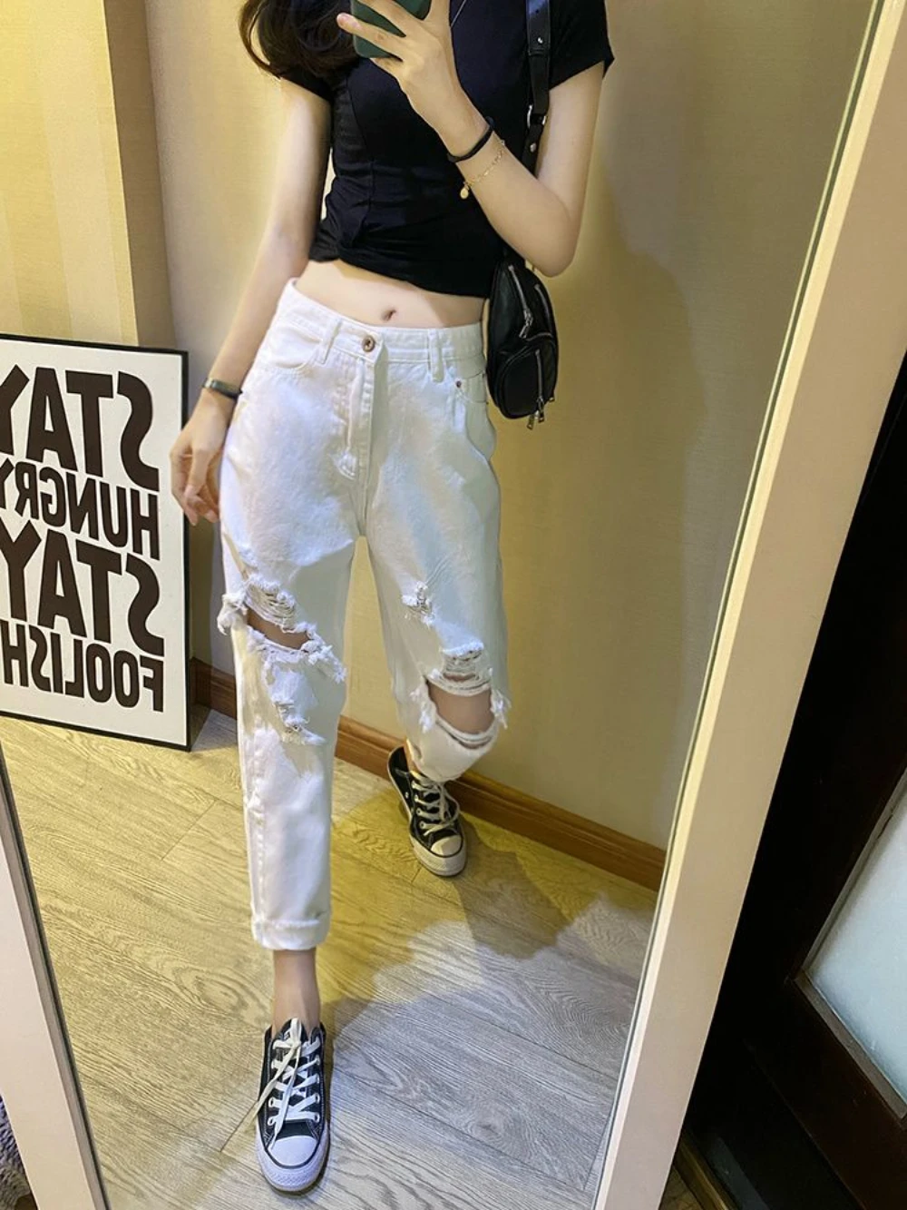 

2025 Fashion Korean Style Loosefit Women's Ripped Harem Jeans Original 90s Cropped Trousers High Waist Shot Female Cowboy Pants