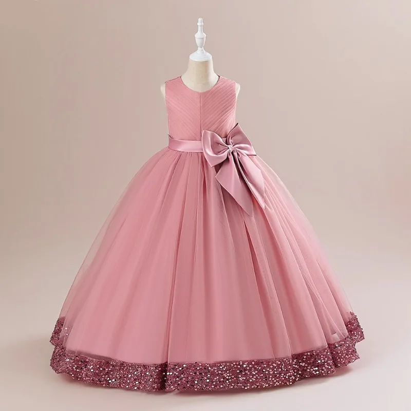 Vestido de princesa con lazo de cintura y malla de lentejuelas para niños, Vestido largo de princesa esponjoso, vestidos de desfile para niñas, bodas, nuevo, 2024