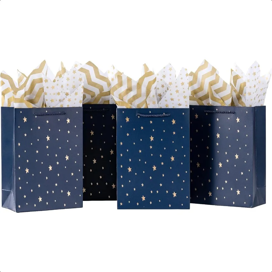 

Gift Bags 10 Pack Navy Blue with Gold Foil Stars Kraft Paper Bags with Handles Bulk for Men Groomsmen Christmas Gifts 8x4x11inc