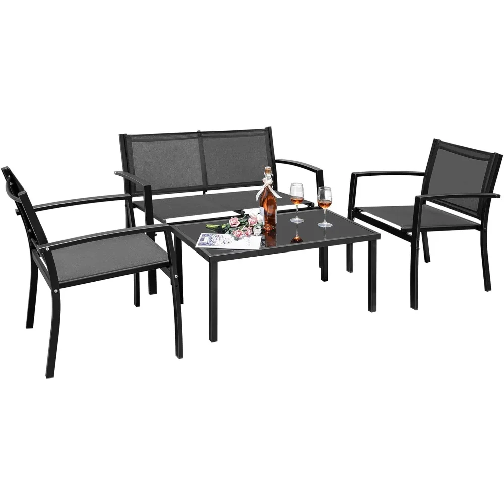 

Flamaker 4 Pieces Outdoor Patio Furniture Textilene Modern Conversation Black Bistro Set with Loveseat Tea Table for Home