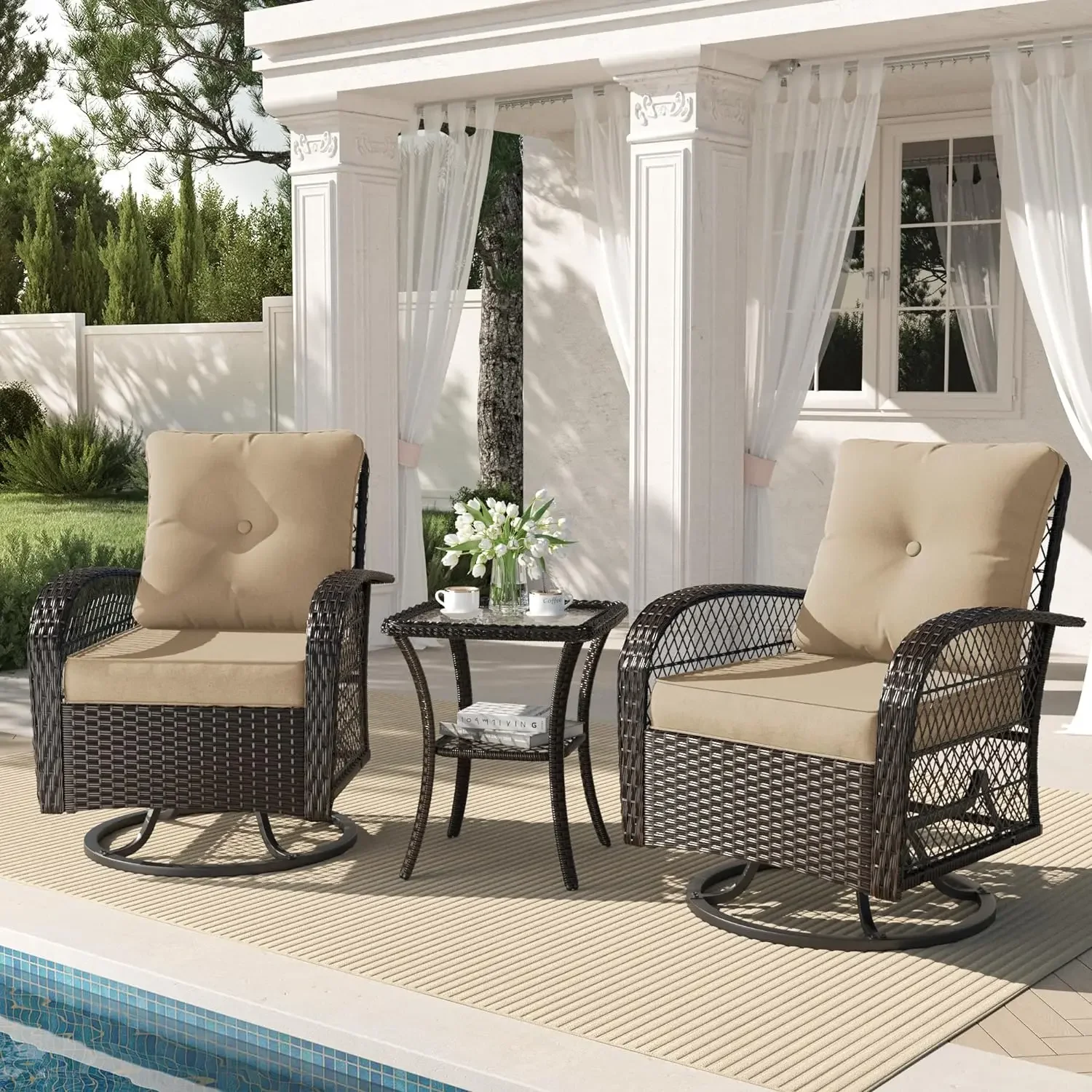 

3 Pieces Outdoor Wicker Patio Bistro Set with Rattan Rocking Chair, Glass Top Side Table and Thickened Cushions